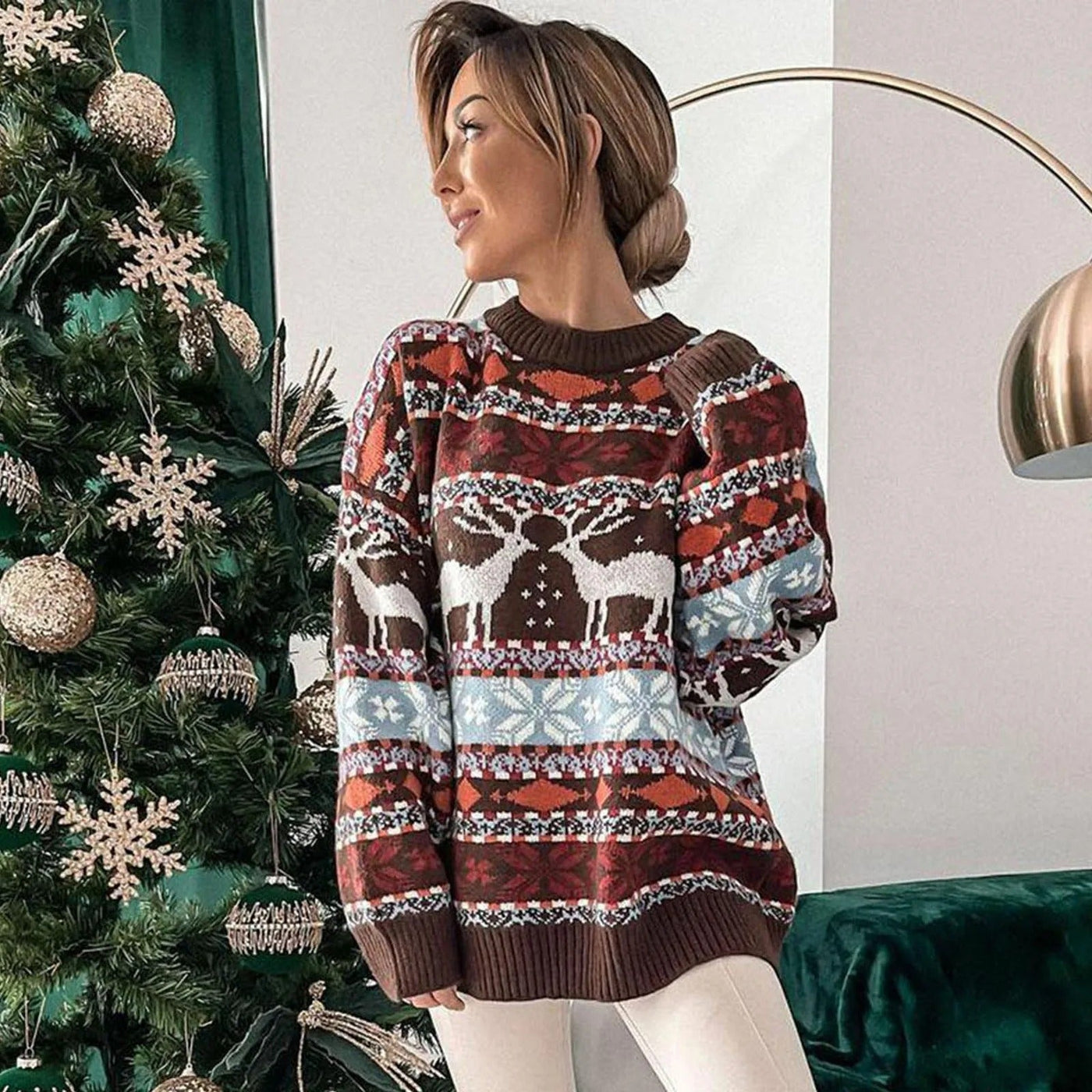 Katarina - Damen Weihnachtspullover mit Norwegischem Rentiermuster