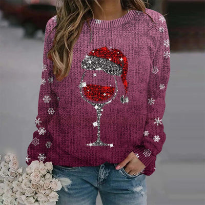 Sabina - Warmer Pullover mit Weihnachtlichem Weinglas und Bedruckter Nikolausmütze für Frauen