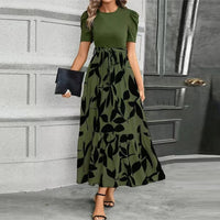 Aria | Damen Maxi-Kleid Puffärmel Blumendruck Bindegürtel in Olivenblatt Schwarz