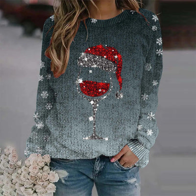 Sabina - Warmer Pullover mit Weihnachtlichem Weinglas und Bedruckter Nikolausmütze für Frauen