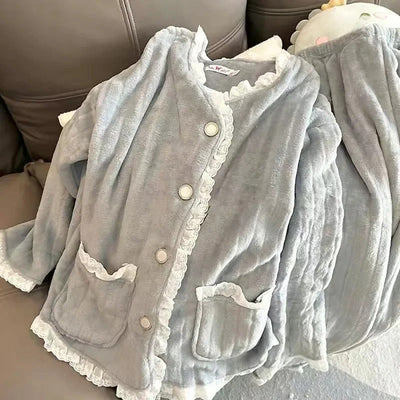 Johannes - Fleece-Pyjama-Set mit langärmeliger Strickjacke und passender Pyjamahose für Frauen