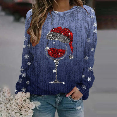 Sabina - Warmer Pullover mit Weihnachtlichem Weinglas und Bedruckter Nikolausmütze für Frauen