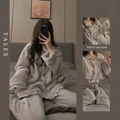 Johannes - Fleece-Pyjama-Set mit langärmeliger Strickjacke und passender Pyjamahose für Frauen