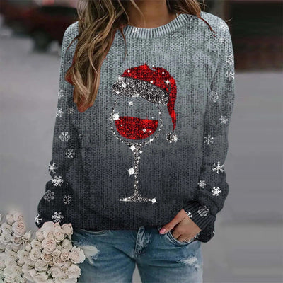 Sabina - Warmer Pullover mit Weihnachtlichem Weinglas und Bedruckter Nikolausmütze für Frauen