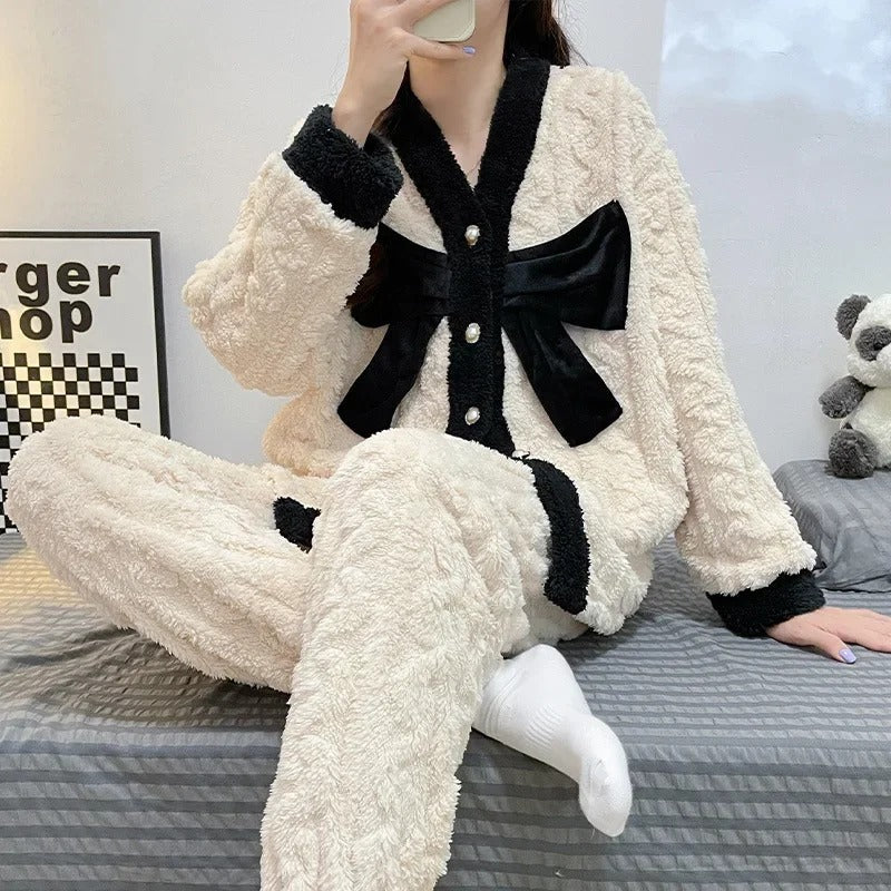 Johannes - Fleece-Pyjama-Set mit langärmeliger Strickjacke und passender Pyjamahose für Frauen