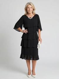 Vesperina | Damen Gestuftes Midi Kleid mit Rüschenärmeln in Schwarz