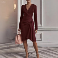 Vevina | Damen Wickelkleid V-Ausschnitt Langarm Knielang in Burgunder