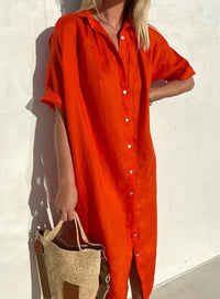 Wanda | Damen Kurzarm Hemdblusenkleid Midi in Rot