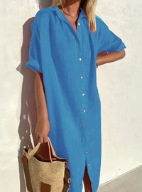 Wanda | Damen Kurzarm Hemdblusenkleid Midi in Blau