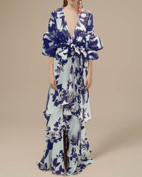 Willa | Damen Blumen Wickelkleid Maxi in Blau