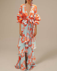 Willa | Damen Blumen Wickelkleid Maxi in Orange