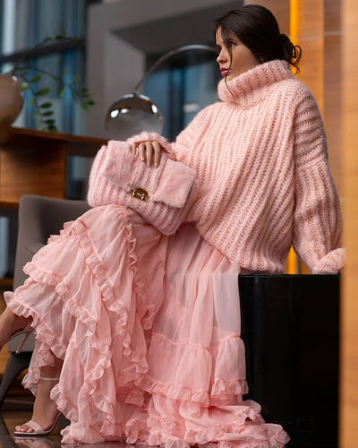 Flauschiger langärmeliger Strickpullover mit hohem Halsausschnitt Pullover