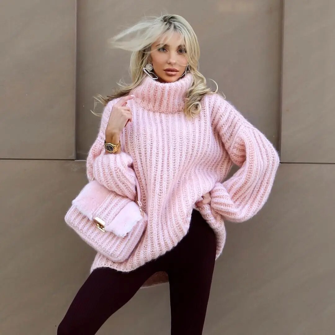 Flauschiger langärmeliger Strickpullover mit hohem Halsausschnitt Pullover