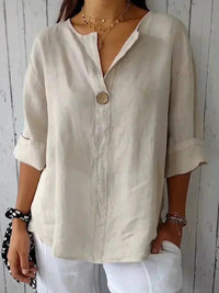 Damen V-Ausschnitt Freizeit Leinenbluse in Beige