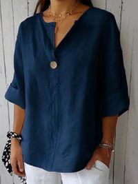 Damen V-Ausschnitt Freizeit Leinenbluse in Marineblau