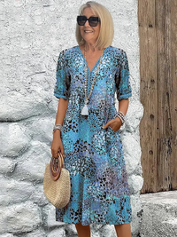Damen Bedrucktes V-Ausschnitt A-Linien Midi-Kleid in Ozeanblau