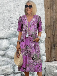 Damen Bedrucktes V-Ausschnitt A-Linien Midi-Kleid in Lavendel