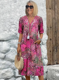 Damen Bedrucktes V-Ausschnitt A-Linien Midi-Kleid in Rosa