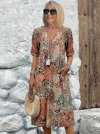 Damen Bedrucktes V-Ausschnitt A-Linien Midi-Kleid in Beige