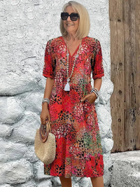 Damen Bedrucktes V-Ausschnitt A-Linien Midi-Kleid in Rot