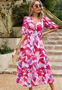 Damen V-Ausschnitt Blumen A-Linie Midi Kleid in Rosa
