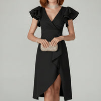 Florence | Elegantes Damen-Wickelkleid mit V-Ausschnitt und Rüschenärmeln in Klassisches Schwarz