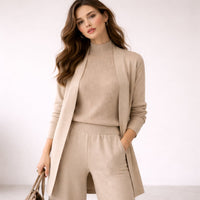 Emma | Damen Drei-Teile Lounge Set mit Cardigan in Beige
