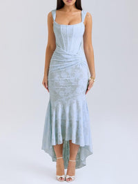 Rosie | Damen-Jacquardkleid mit Spitzenkorsett, Raffungen und Meerjungfrausaum in Blau