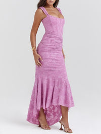 Rosie | Damen-Jacquardkleid mit Spitzenkorsett, Raffungen und Meerjungfrausaum in Lila-1