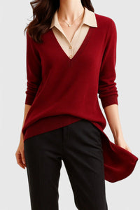 Camila | Damen V-Ausschnitt Polo-Kragen Pullover mit Knopfärmeln in Rot