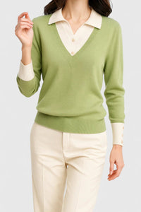 Camila | Damen V-Ausschnitt Polo-Kragen Pullover mit Knopfärmeln in Limette