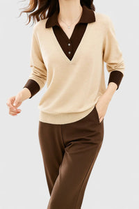 Camila | Damen V-Ausschnitt Polo-Kragen Pullover mit Knopfärmeln in Beige