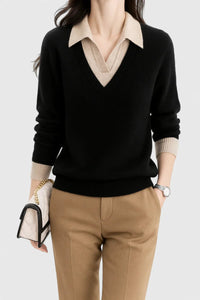 Camila | Damen V-Ausschnitt Polo-Kragen Pullover mit Knopfärmeln in Schwarz