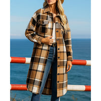 Damen Longline-Mantel mit Karomuster, Knöpfen und Taschen in Khaki