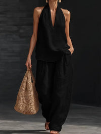 Nele | V-Ausschnitt-Top & weite Hose im Leinen-Look in Schwarz