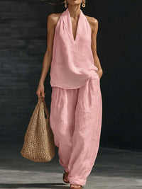 Nele | V-Ausschnitt-Top & weite Hose im Leinen-Look in Rosa