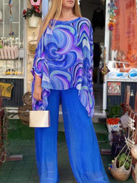 Tamsin | Damen Zweiteiler Set Oversize Bluse Palazzo Hose in Blau