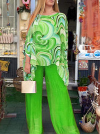 Tamsin | Damen Zweiteiler Set Oversize Bluse Palazzo Hose in Grün