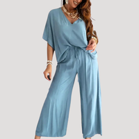 Zivana | Damen Zweiteiler V-Ausschnitt Weite Hose Set in Hellblau