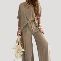 Zivana | Damen Zweiteiler V-Ausschnitt Weite Hose Set in Khaki